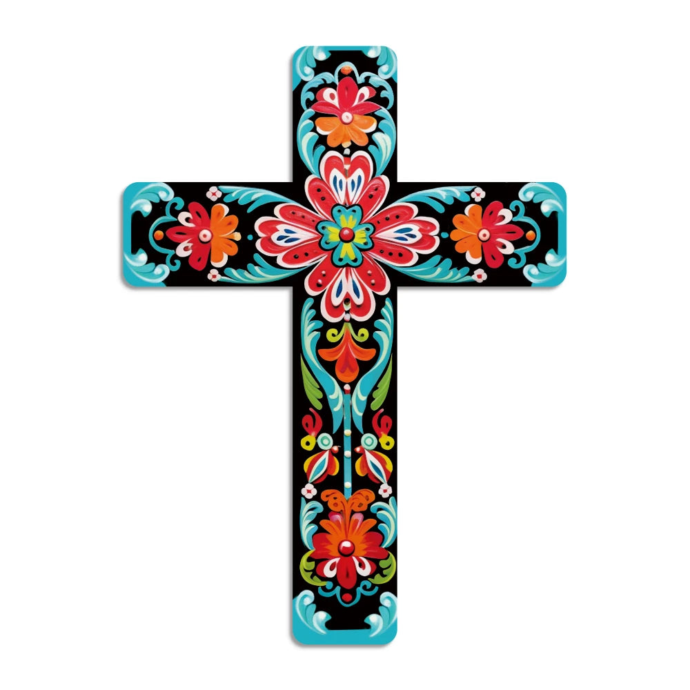 Mexican cross wood wall art featuring vibrant floral patterns in red, orange, and teal on a black background