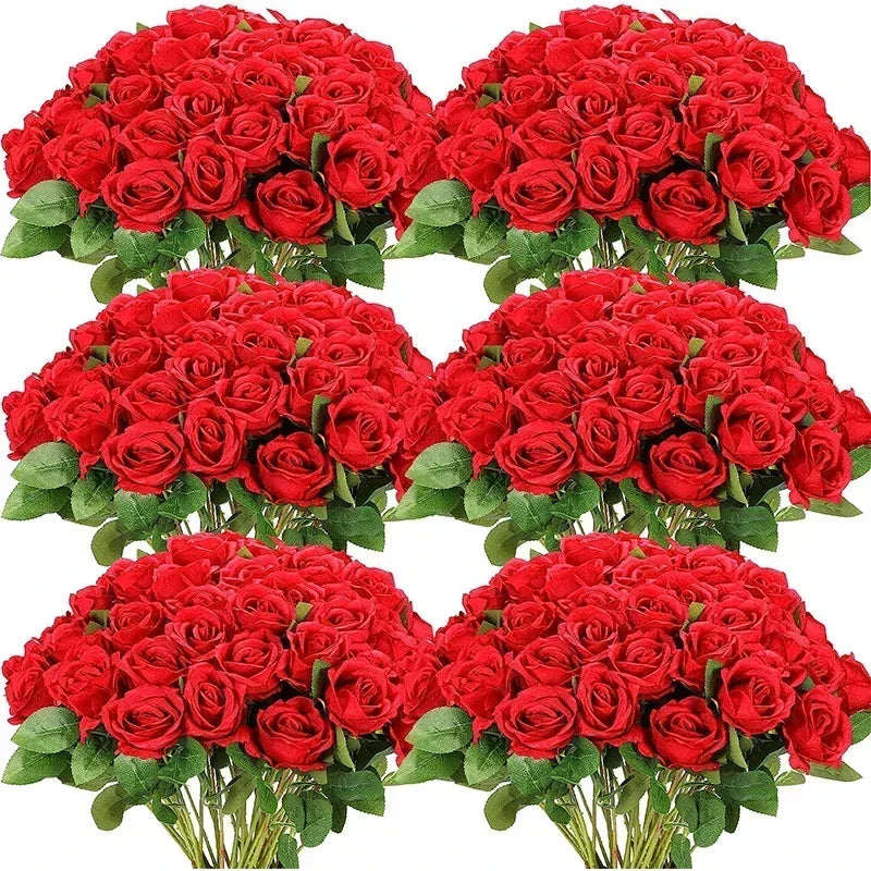 A bouquet of red velvet artificial roses, 50 stems, used for weddings and home décor.