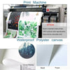 A print machine is shown printing waterproof polyester canvas art on paper, with examples of the finished prints and canvas m