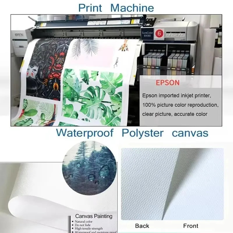 A print machine is shown printing waterproof polyester canvas art on paper, with examples of the finished prints and canvas m