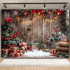 Christmas woodland backdrop featuring a decorated tree, gifts, and falling snow against a rustic wooden wall.