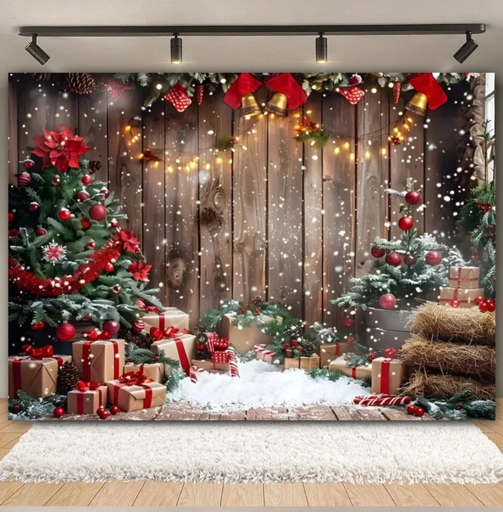 Christmas woodland backdrop featuring a decorated tree, gifts, and falling snow against a rustic wooden wall.