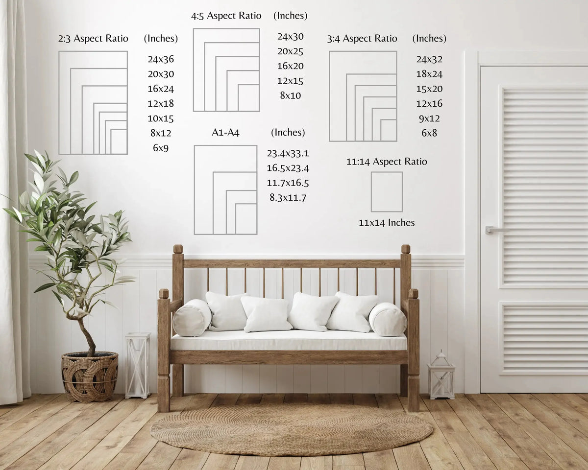 A wall art display showing various aspect ratio grids and a wooden bed frame in a bright room.