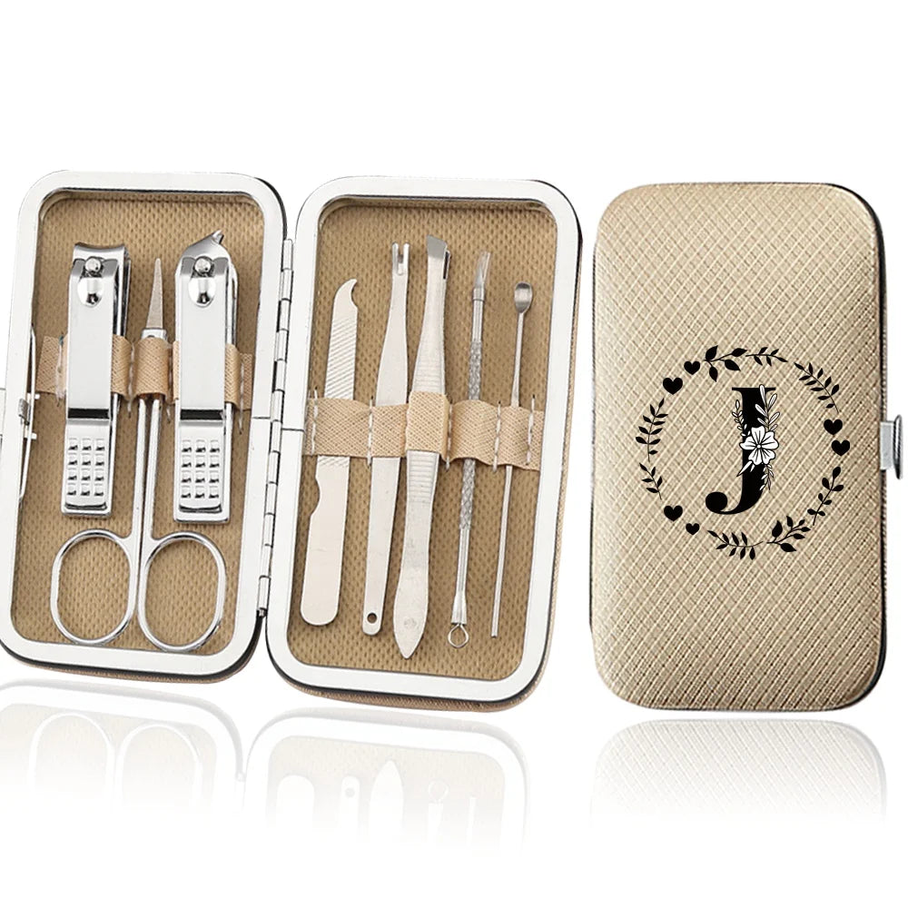 An open leather case displaying an 8-piece stainless steel manicure and pedicure kit with various tools.