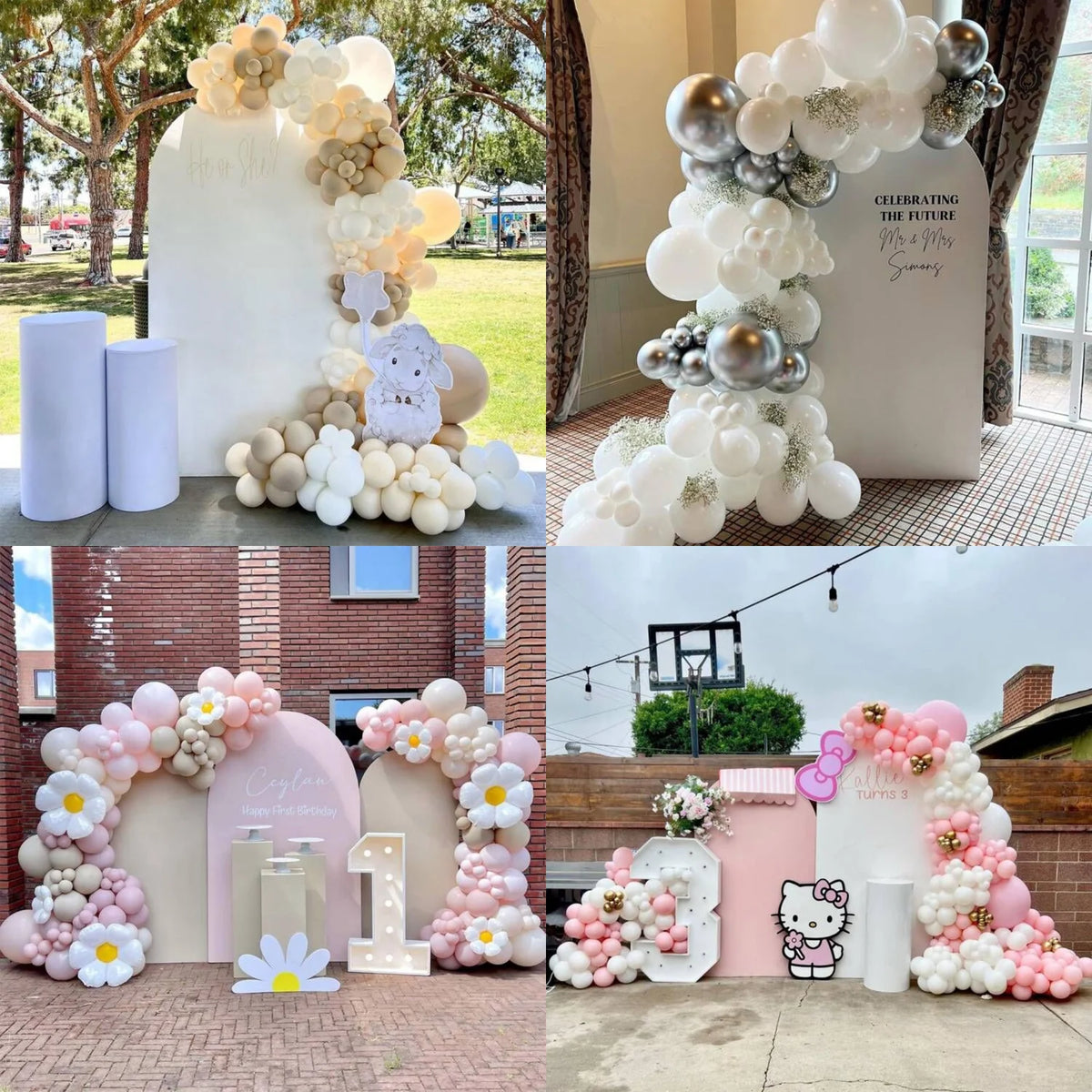 A white and gold floral arch backdrop for a first birthday party featuring balloons and decorative elements.