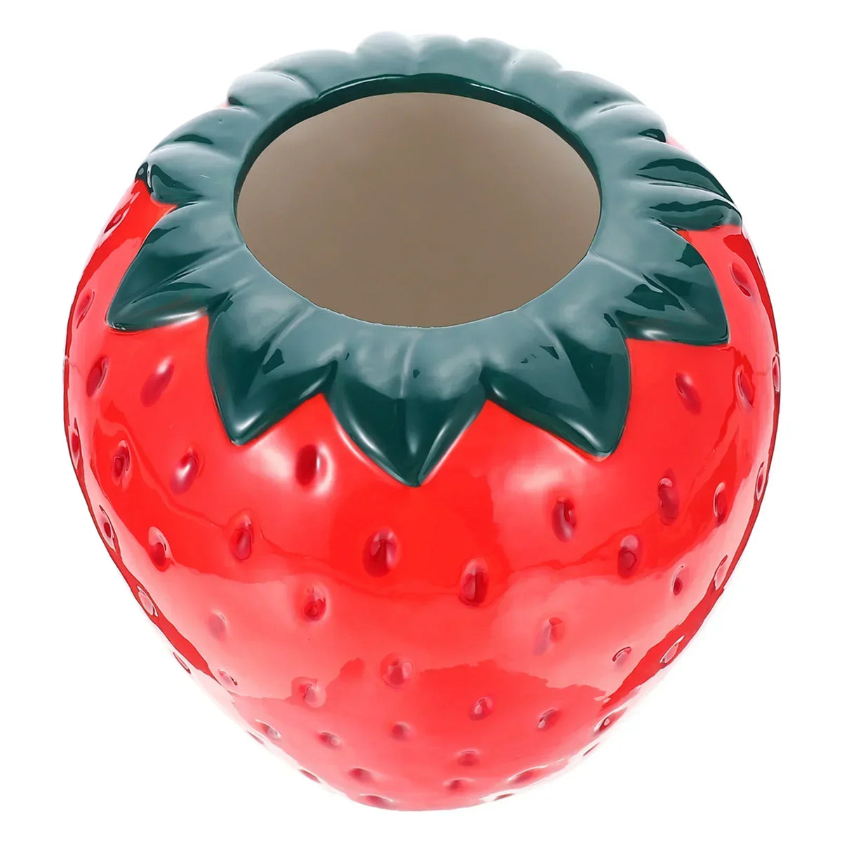 Jarrón de flores de fresa de cerámica con cuerpo rojo y hojas verdes.