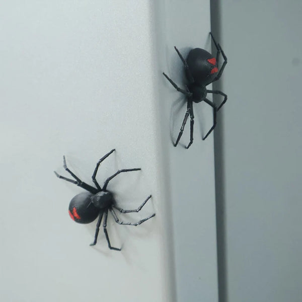 A black widow spider with red markings is affixed to a white surface.