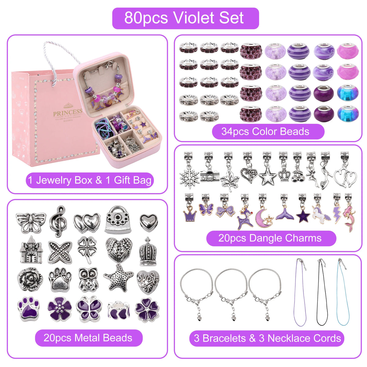 80 pieces violet set including jewelry boxes, color beads, dangle charms, and metal beads for DIY bracelet making
