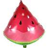 A red watermelon-shaped balloon with black and white markings, featuring a green base.