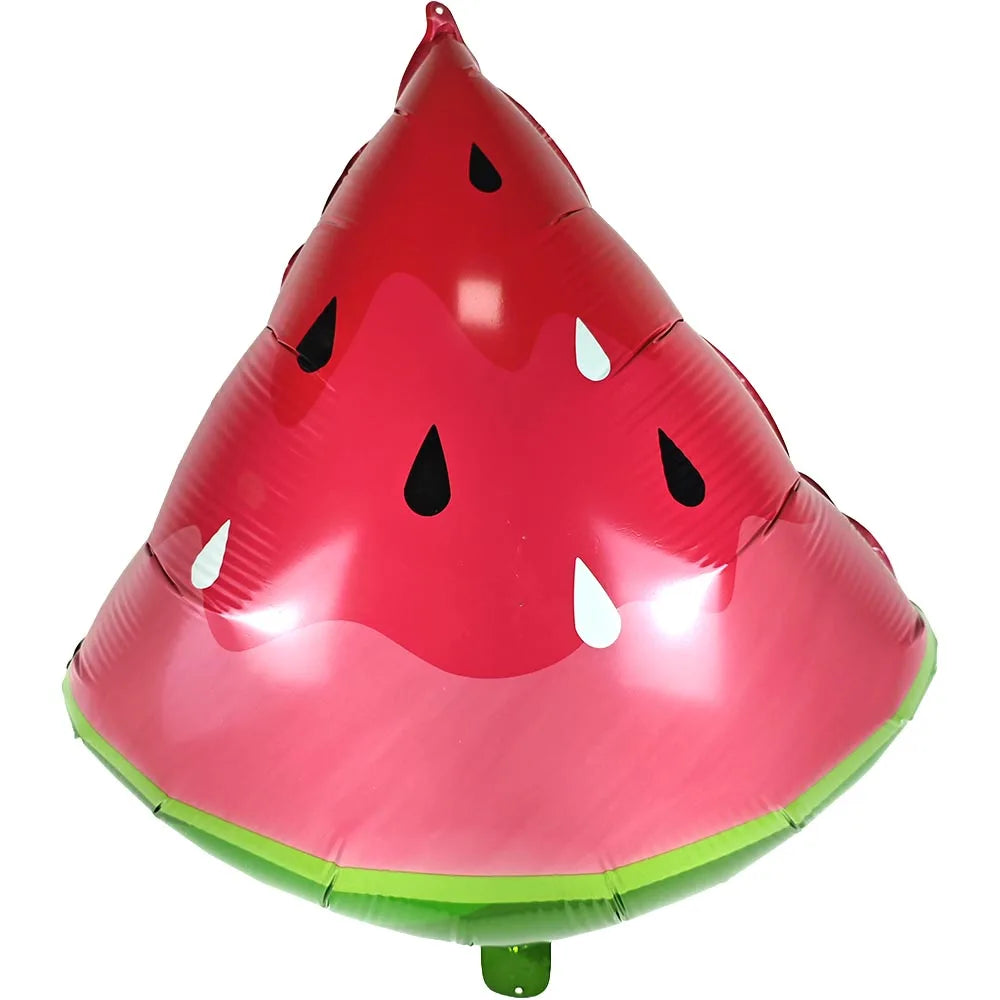 A red watermelon-shaped balloon with black and white markings, featuring a green base.