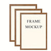 Mockup of a wooden photo frame with a light beige mat and white text on a white background
