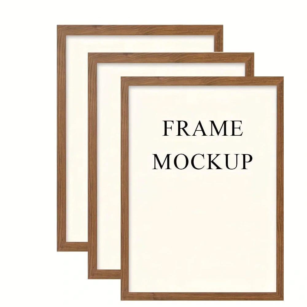 Mockup of a wooden photo frame with a light beige mat and white text on a white background