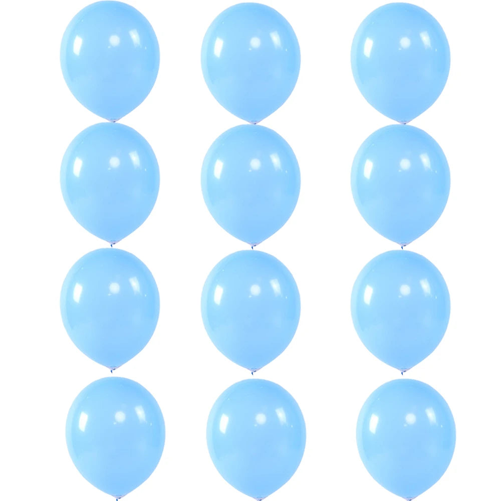 A set of twelve 12-inch latex balloons in light blue with a cloud and cow print pattern.