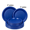 A stack of blue disposable paper plates, including 7 inch and 9 inch round plates.