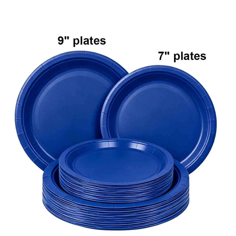 A stack of blue disposable paper plates, including 7 inch and 9 inch round plates.
