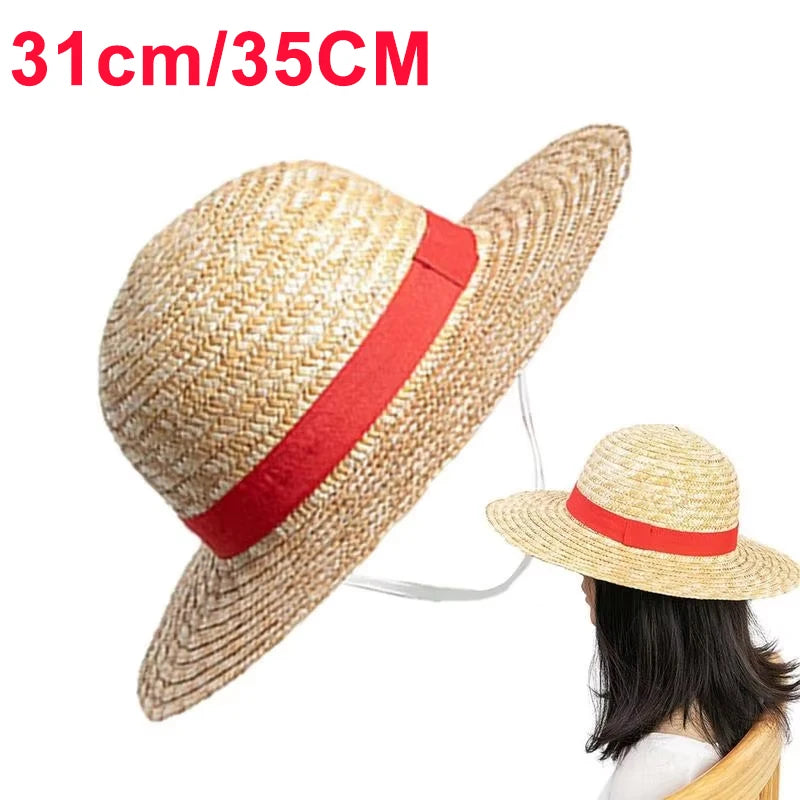 A straw hat with a red band is shown, displayed on a hanger.