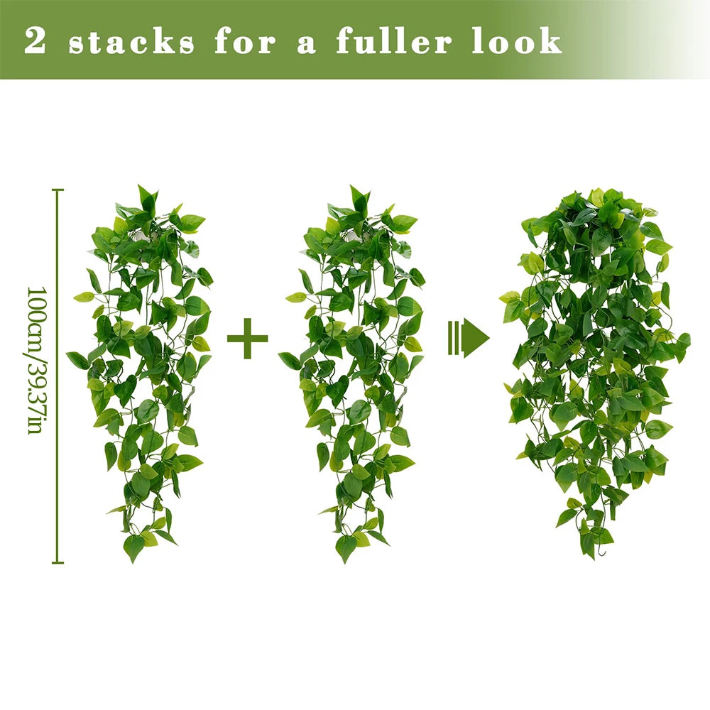 Two stacks of artificial pothos hanging vines for a fuller look, measuring 100cm/39.37in each.