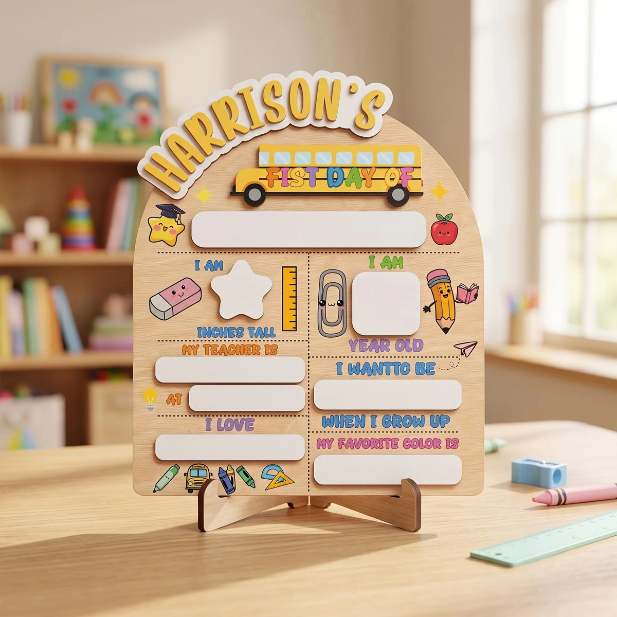 A personalized wooden keepsake board for a child featuring sections for first day of school details like name age and favorit