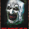 A close-up illustration of the character Art the Clown from Terrifier, featuring white face paint and dark makeup against a b