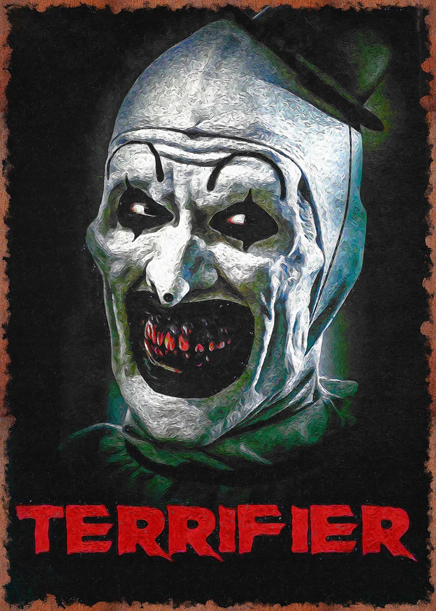A close-up illustration of the character Art the Clown from Terrifier, featuring white face paint and dark makeup against a b
