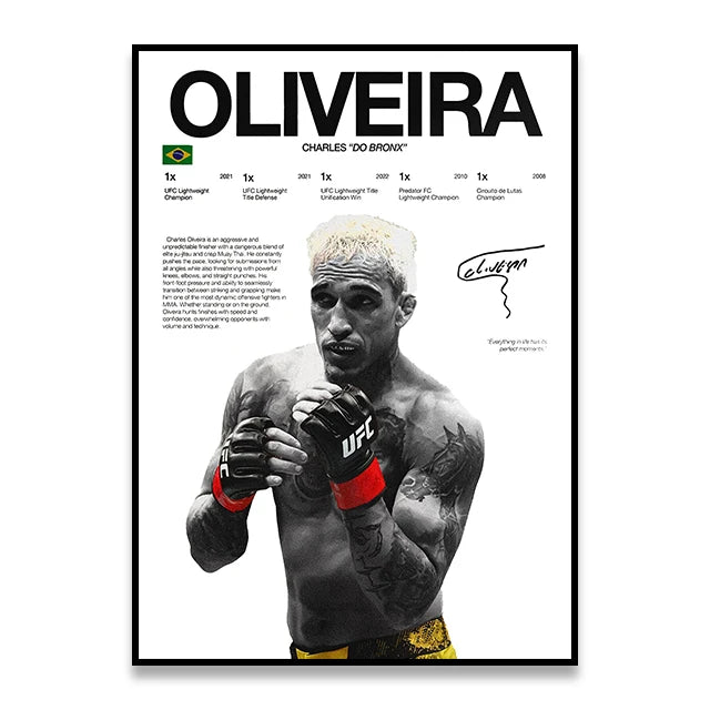 Black and white canvas wall art print featuring a portrait of Charles 'Do Bronx' Oliveira in a UFC fighter context.