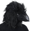 A realistic black crow latex full head mask with dark feathers and a beak.