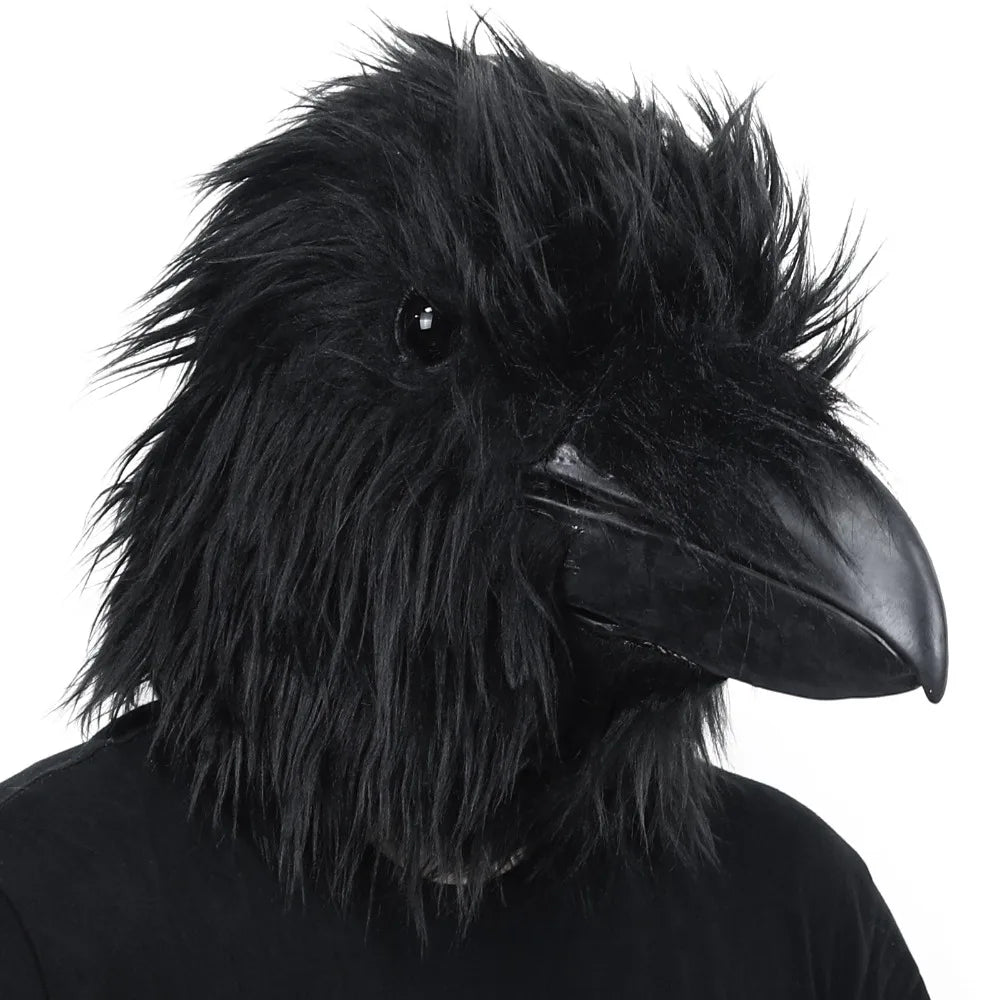 A realistic black crow latex full head mask with dark feathers and a beak.