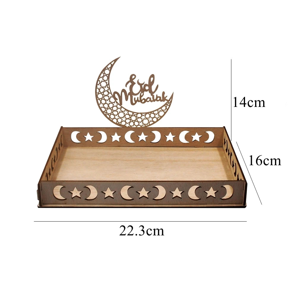 Bandeja de Eid Mubarak de madera con luna creciente y estrellas para decoración de Ramadán