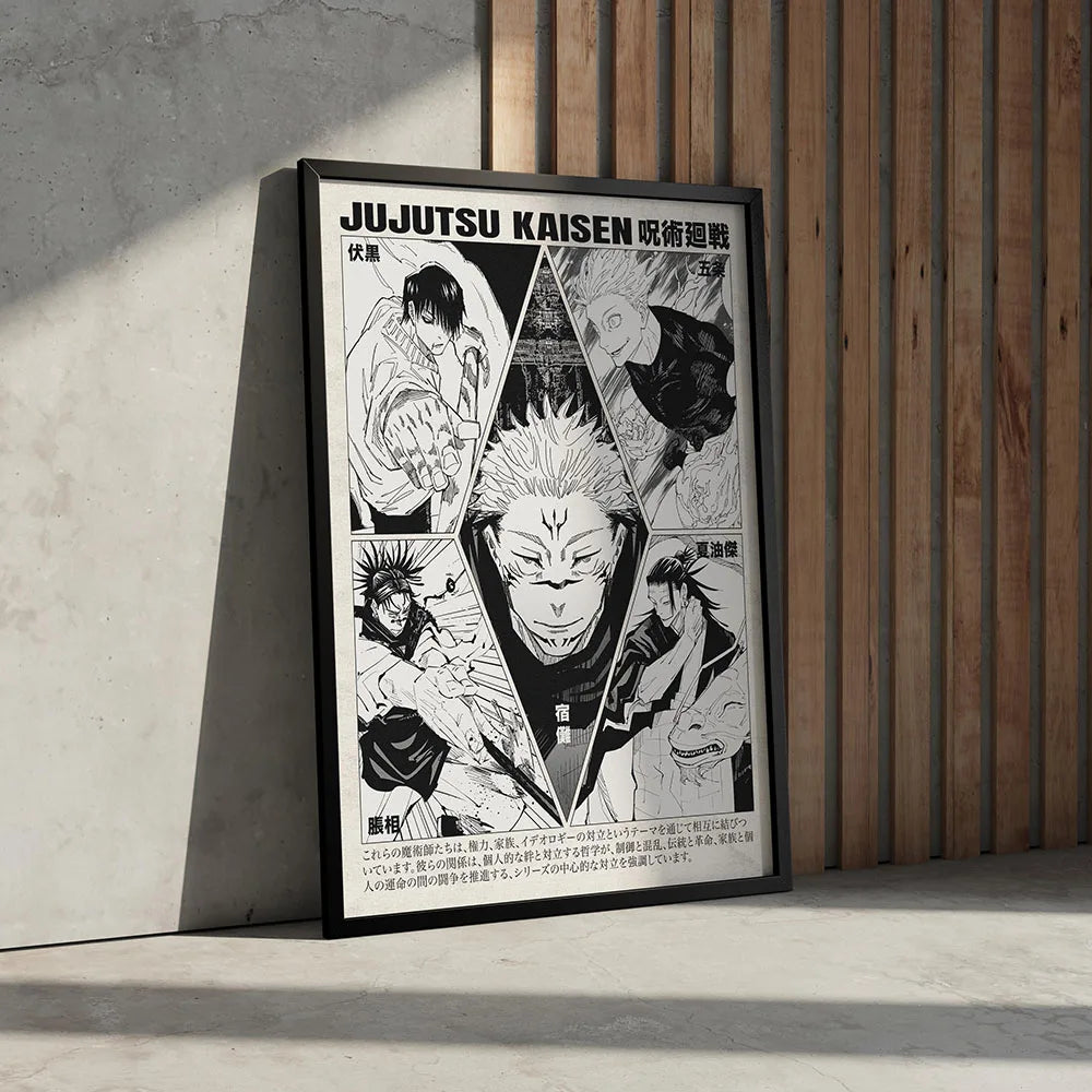 Canvas wall art featuring characters from Jujutsu Kaisen anime in a vertical composition