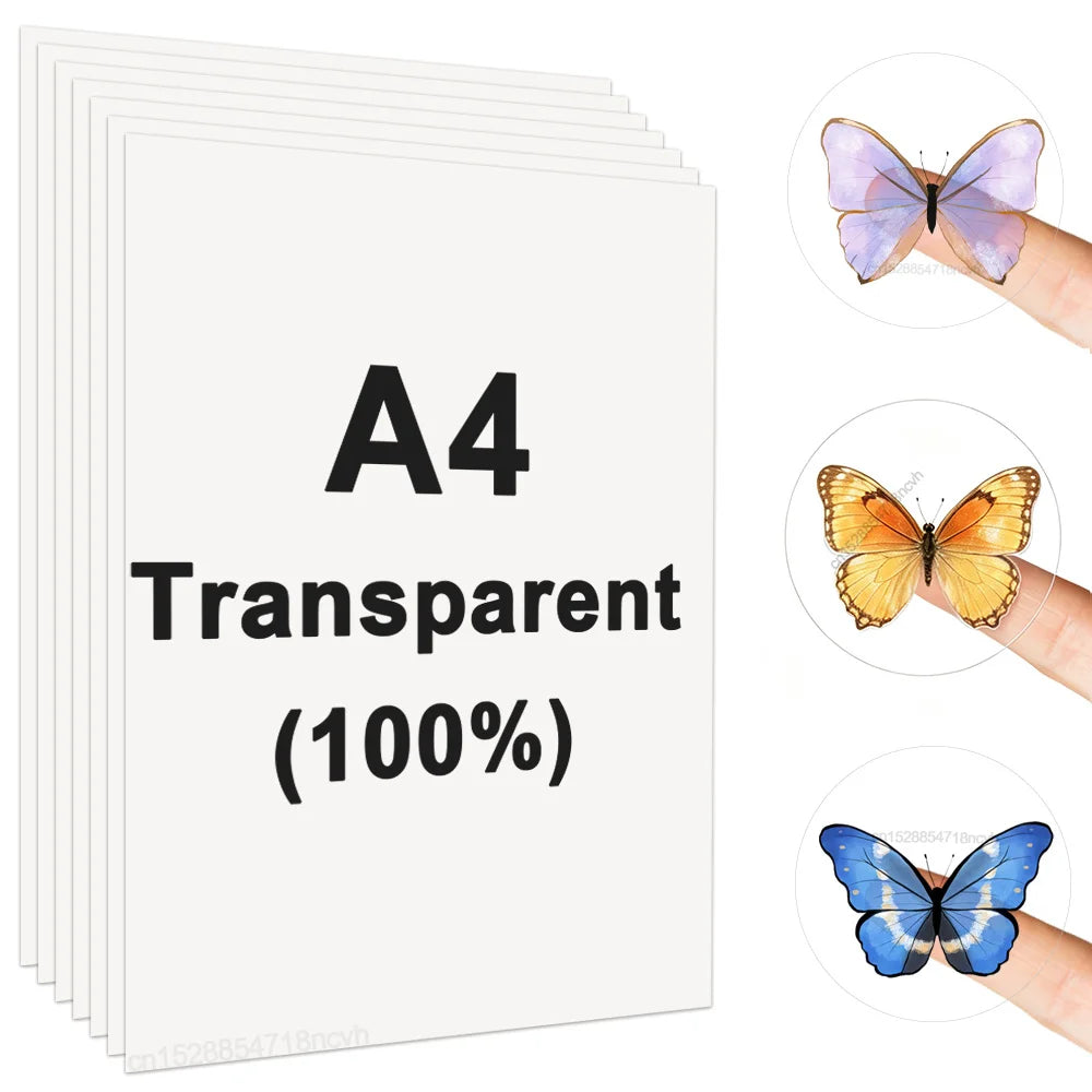 A4 transparent printable vinyl sticker paper with 10 sheets and butterfly designs shown on a hand.