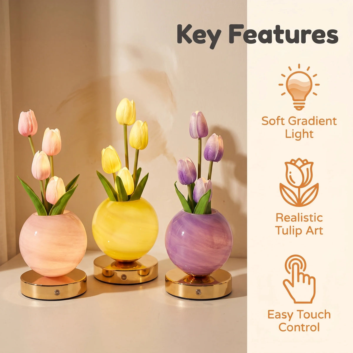 A set of realistic tulip art LED night lights in soft gradient colors with touch control features.
