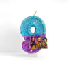 A blue glitter number zero candle decorated with colorful character figures.