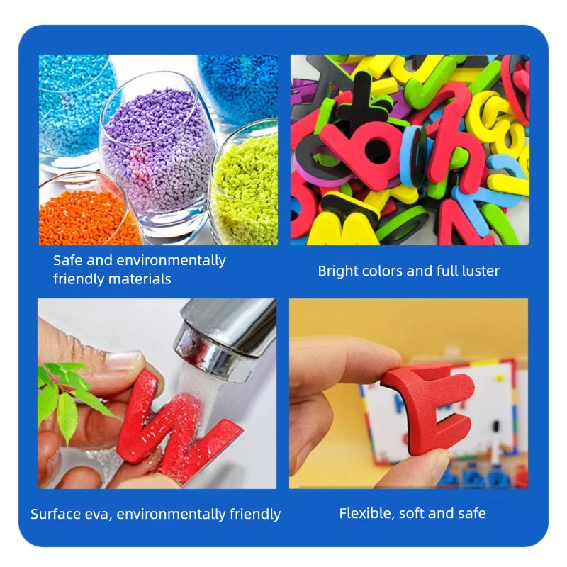 A set of magnetic alphabet and number letters in various bright colors and materials for educational learning