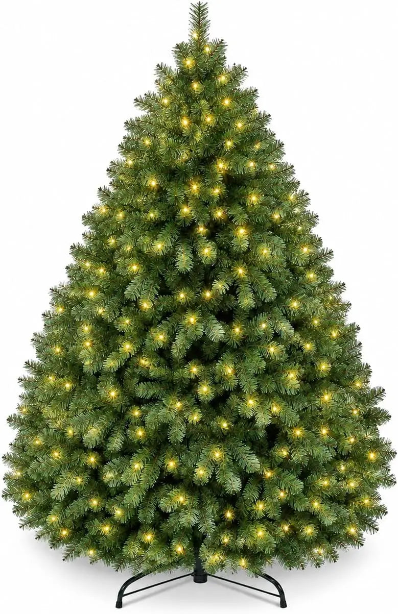 Classic Green Artificial Christmas Tree with Dual-Color LED Lights and Metal Stand