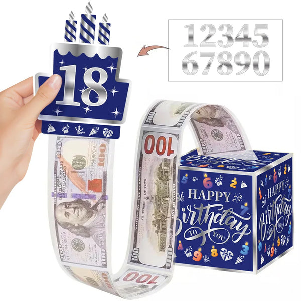 A birthday money gift box with a number 18 and a ribbon featuring US currency and birthday wishes.