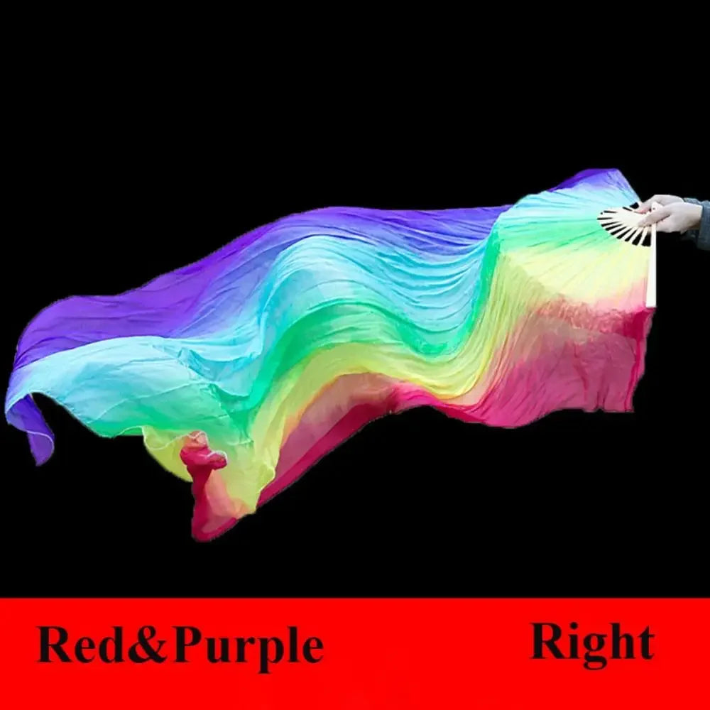 A silk ribbon dance fan showing a vibrant gradient of purple, blue, green, and pink colors.