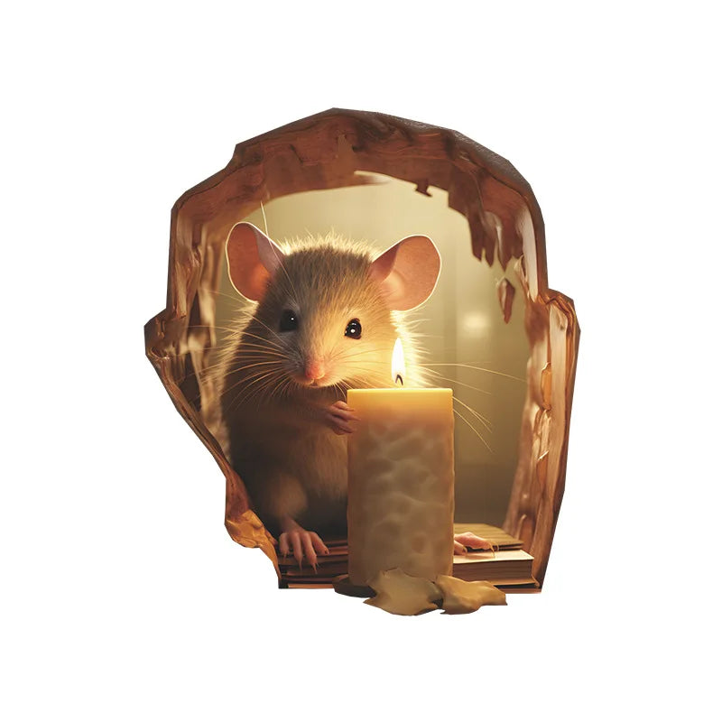 A small brown mouse peering out from a wooden frame, illuminated by a candle.