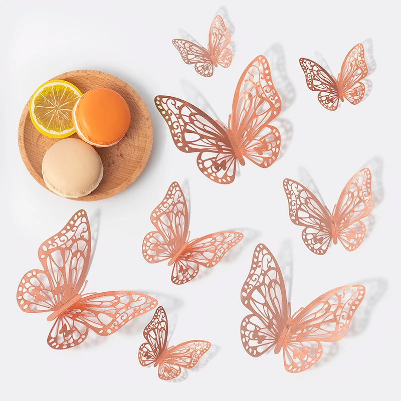Several orange-toned, intricate 3D butterfly wall stickers are displayed on a white background.