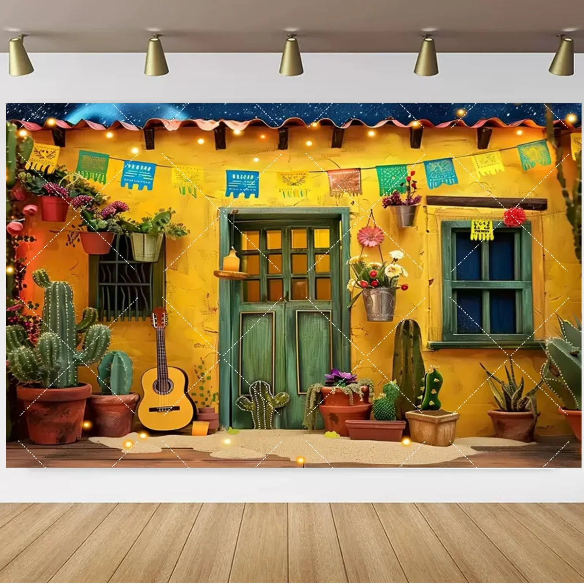 A vibrant Mexican carnival theme backdrop featuring a yellow wall decorated with colorful banners, potted plants, and a woode