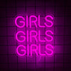 Pink neon sign spelling out GIRLS repeated three times against a dark grid background