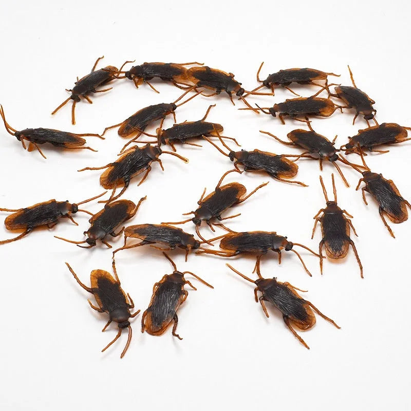 A collection of dark brown plastic cockroach gag toys scattered on a white background.