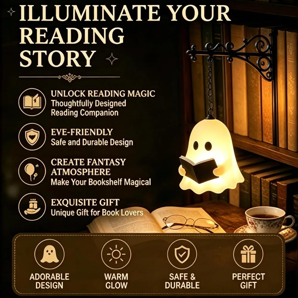A vintage gothic bookshelf reading lamp with a warm amber glow illuminating a book.