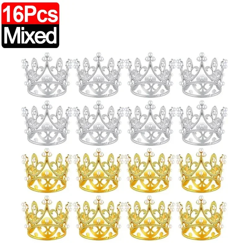A collection of 16 mixed gold and silver crown cake topper decorations.