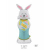 A white bunny-shaped foil balloon with pink inner ears and a light blue body, decorated with yellow and pink patterns.