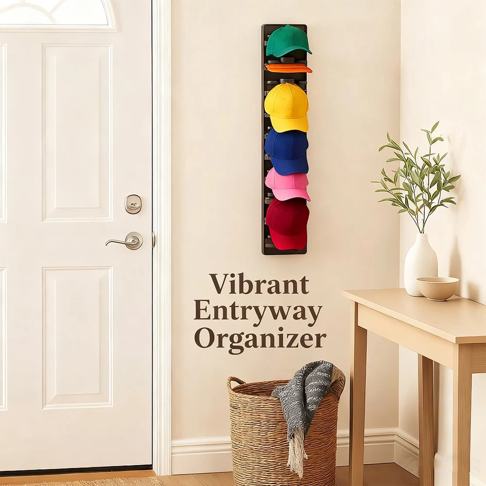 A wall-mounted hat organizer rack displaying colorful hats in various shades of green, yellow, blue, and pink.