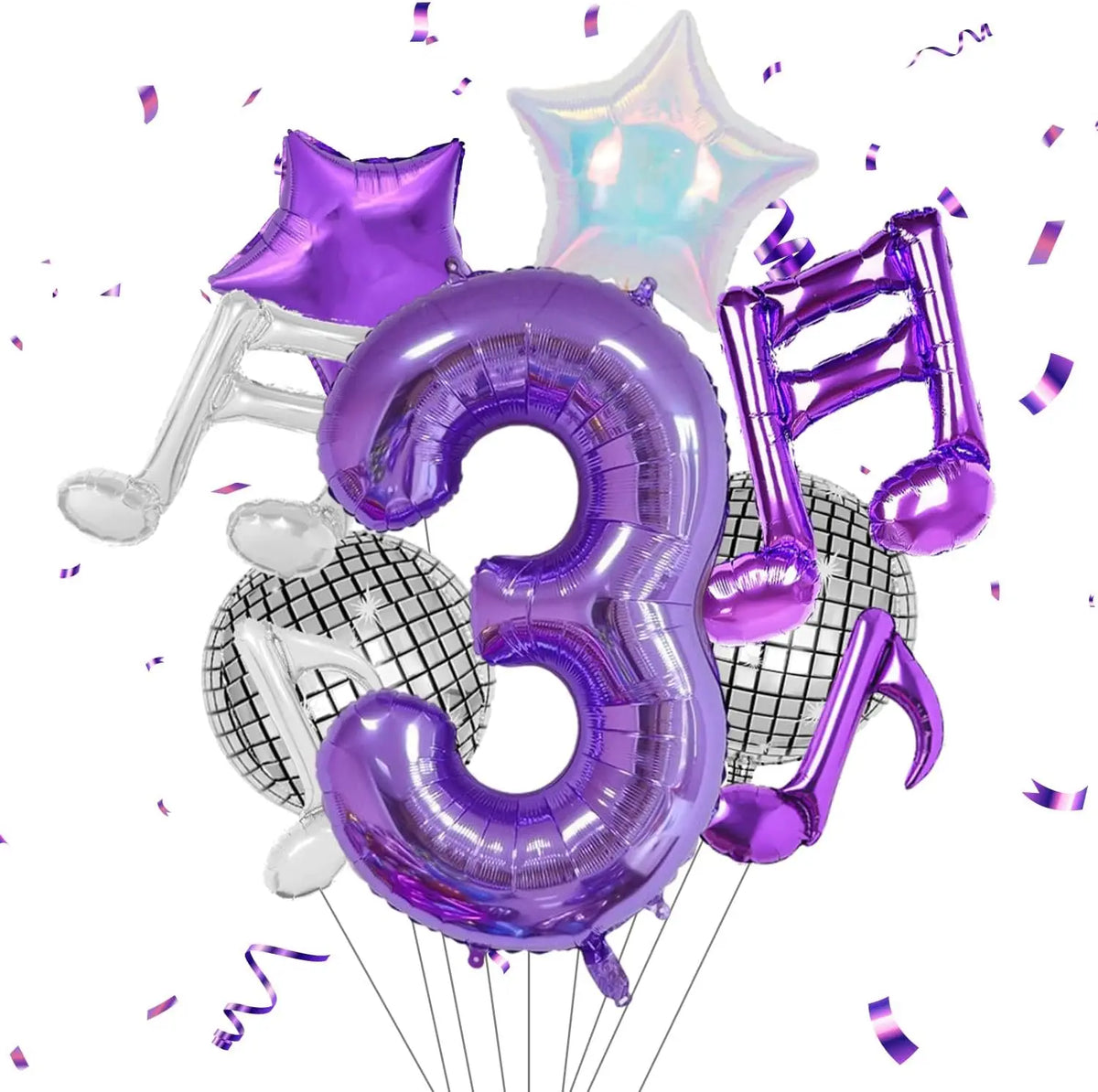 A set of purple musical number balloons including a star shape and various numbers