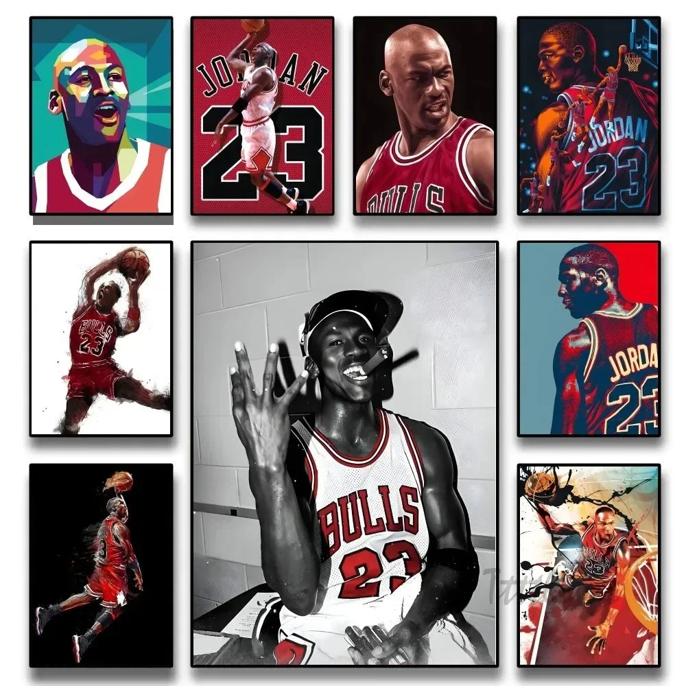 A collage of basketball legends including Jordan, LeBron, and others in various poses.