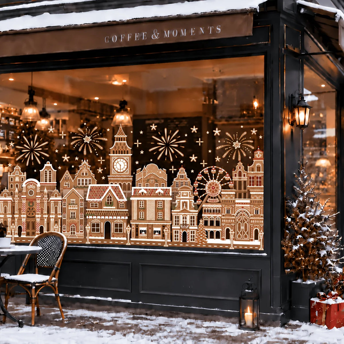A display of Christmas gingerbread house window clings featuring detailed architectural scenes and festive lighting.