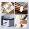 A collection of thermal label paper rolls and a mini label printer are shown in various contexts.