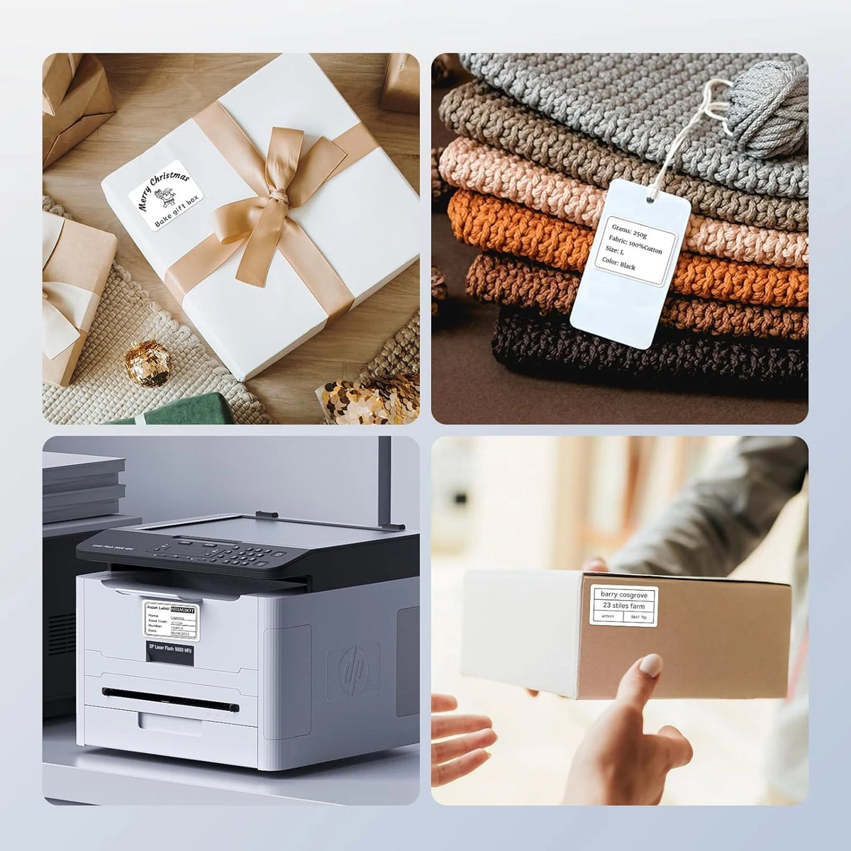 A collection of thermal label paper rolls and a mini label printer are shown in various contexts.